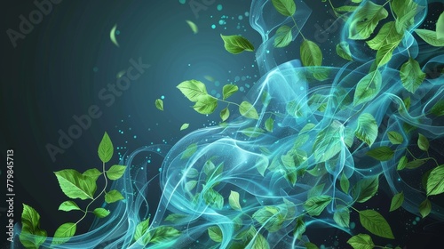 Freshness effect, blue air flow with green leaves. Waves and swirls, wand trails, fresh menthol breath or detergent isolated on transparent background. Realistic 3D modern illustration.