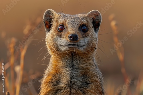 Curious mongoose stands upright in a golden field during sunset, exploring its surroundings and displaying its unique features