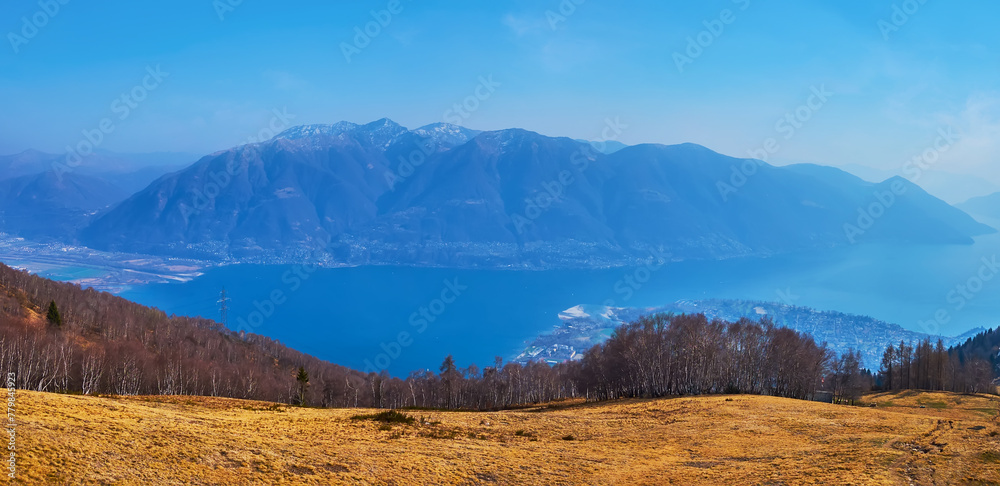 Panorama of Lake Magiore and Alps from Cimetta Mount cable car, Ticino, Switzerland