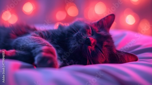 A black cat sleeping on the bed. Studio neon light. photo