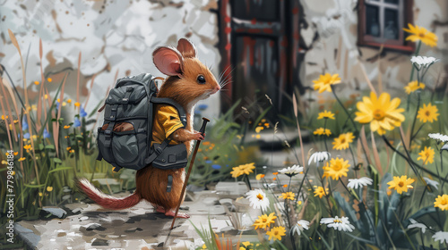   A painting of a mouse with a backpack in a field of wildflowers and a house in the background