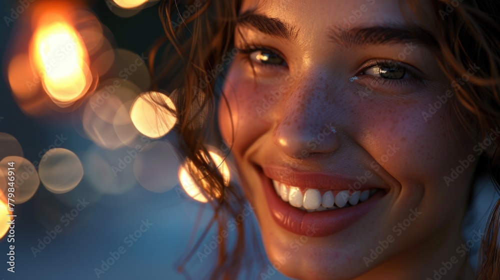 Radiant Smiling Woman with Freckles and Bokeh Lights Radiant Smiling Woman with Freckles and Bokeh Lights