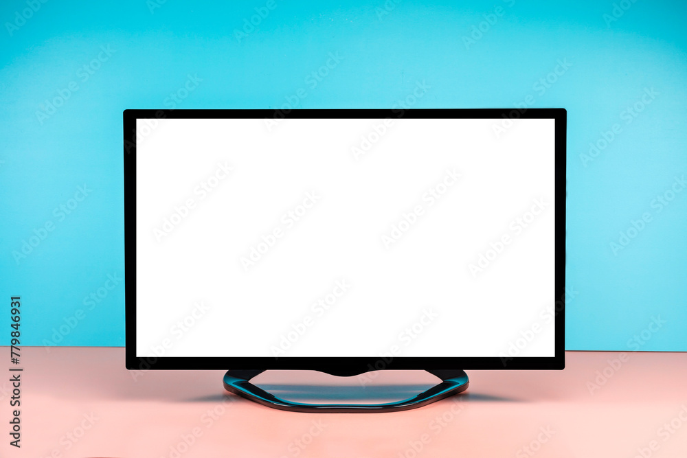 TV 4K flat screen lcd or oled, White blank HD monitor mockup,  television with cutout screen on colorful wall background.