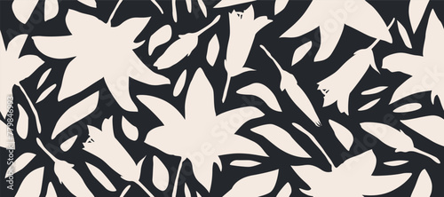 Hand drawn minimal abstract flowers. Seamless patterns with organic shapes black and white color for fabric, textiles, clothing, wallpaper, cover, banner, home decor, florals backgrounds.