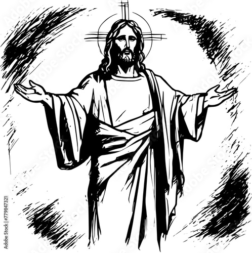 God, Jesus Christ, grace, good, ascension concept. Hand-drawn silhouette of Jesus Christ, the son of god concept sketch. Isolated vector illustration.