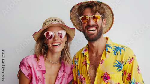 happy man and woman in pink and yellow summer clothes, wearing sunglasses and straw hats on a white background, vacation, holidays, travel, resort, hotel, family, couple, husband, wife, emotional face