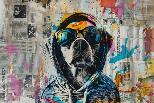 A photorealistic close-up of a graffiti artwork showcasing a cool dog sporting a magazine cutout hoodie and glowing neon sunglasses, created with a meticulous collage technique using newspaper clippin photo