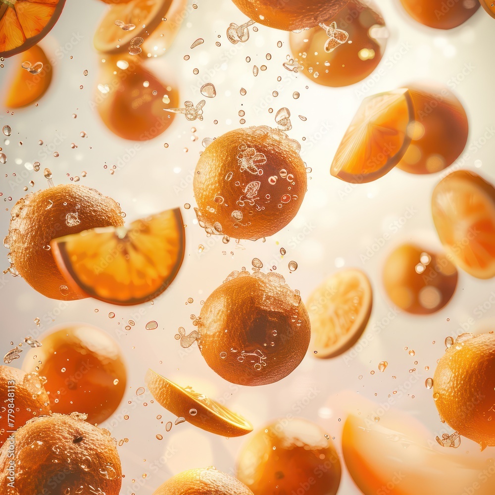 Fresh orange slices with water droplets floating in bright light.
