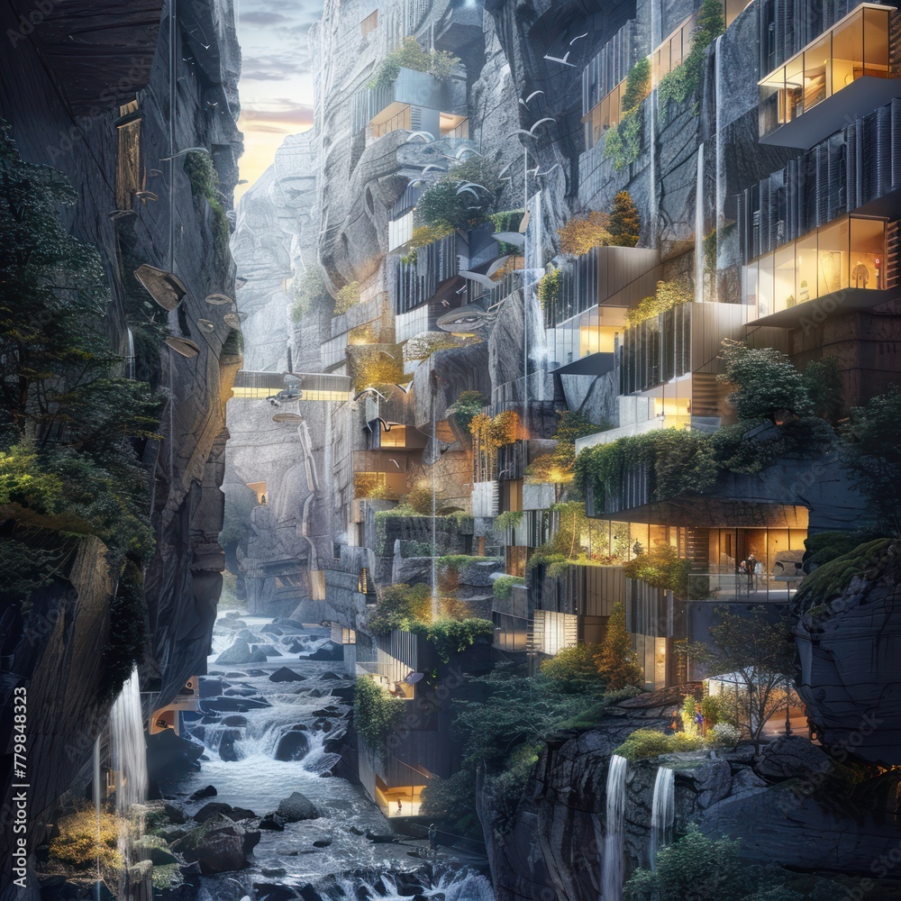 Futuristic cityscape with lush greenery and waterfalls amidst high-rise buildings.