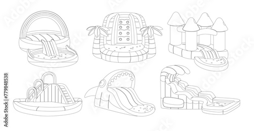 Inflatable Slides With Pools Outline Monochrome Icon Set. Air-filled Mushroom Or Shark Structure For Bouncing Sliding