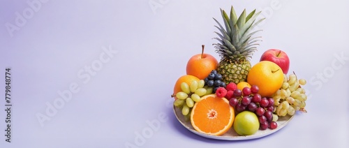 A colorful fruit platter arranged in an artistic display, copy space