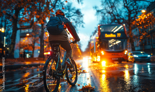 Urban cyclist commuting on bicycle in city at dusk, with traffic and public transportation in background, promoting eco friendly mobility and sustainable transportation alternatives to cars photo