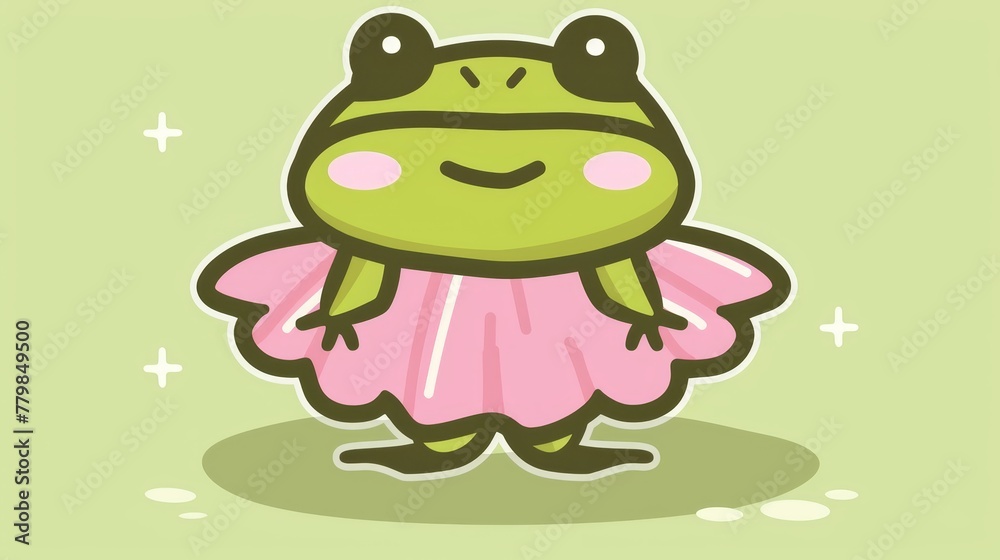 A green frog wearing a pink dress, smiling broadly, stands before a green backdrop A green frog wearing a pink dress, smiling broadly, stands before a green backdrop
