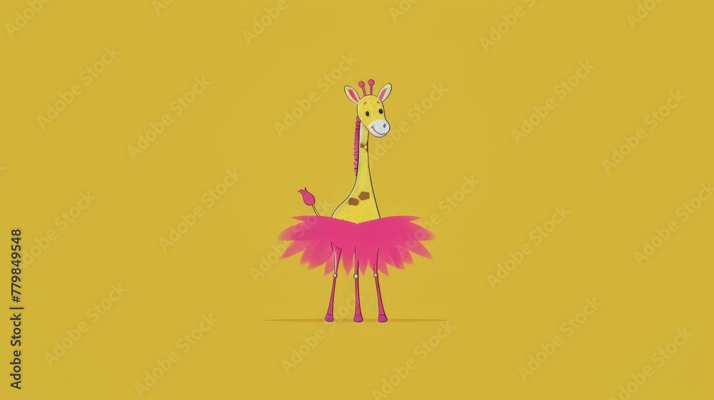 Fototapeta premium A giraffe adorned with a pink tutu and matching skirt stands before a yellow backdrop