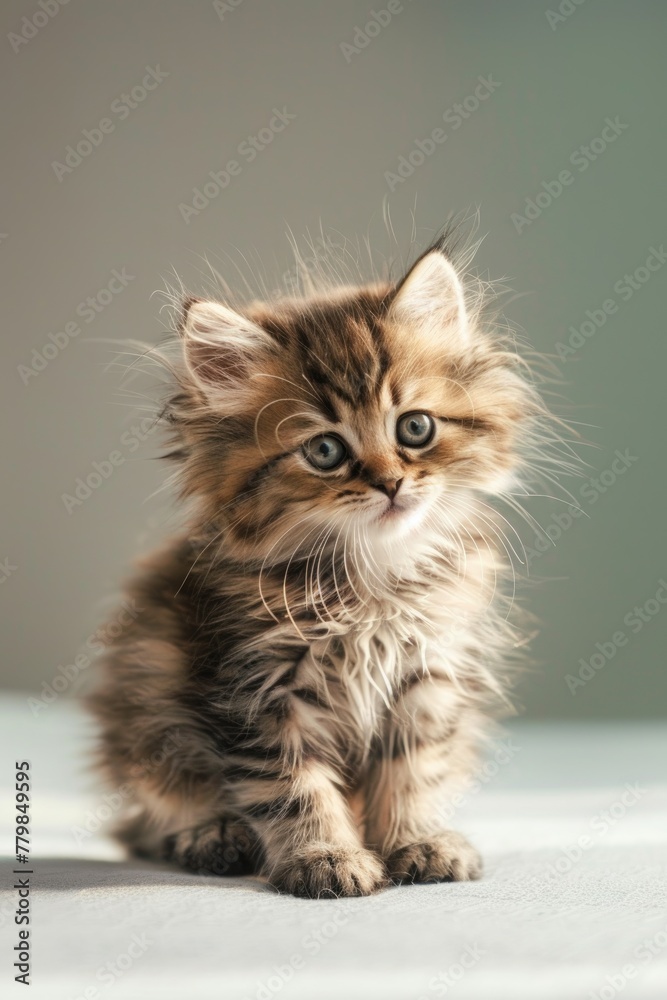 A thoughtful tabby kitten with luxurious soft fur sits elegantly