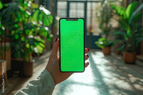 Chromakey mock up. Hand holding a smartphone with a completely green screen on green plant interior design, copy space. photo