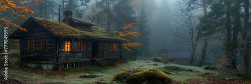 An abandoned wooden cabin in a misty forest  with moss and vines covering its walls