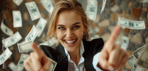 A dynamic businesswoman surrounded by floating dollar bills, pointing directly at the camera with a wide grin on her face