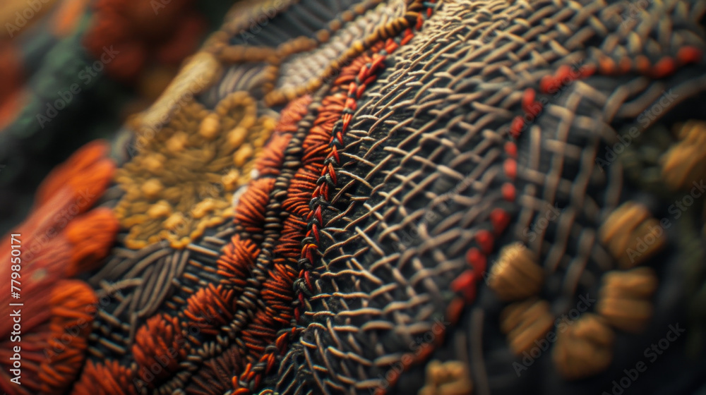 A close-up of a detailed embroidery artwork, showcasing intricate stitches A close-up of a detailed embroidery artwork, showcasing intricate stitches