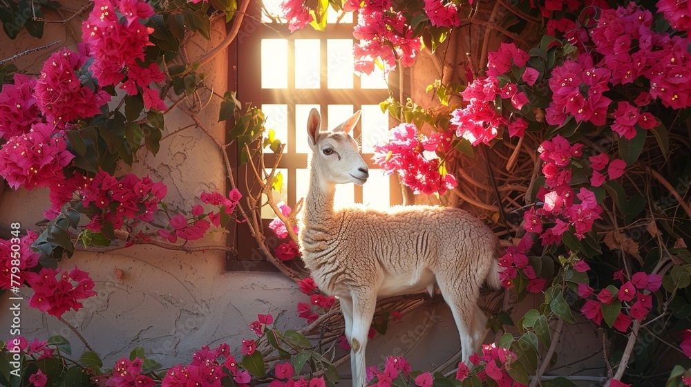 Fototapeta premium A sheep before a window, outside view of pink blooms, window transparency reveals interior