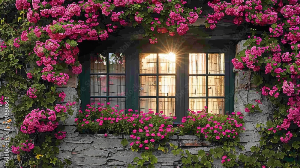   A window adorned with a bouquet of pink flowers exterior, radiating bright light inside