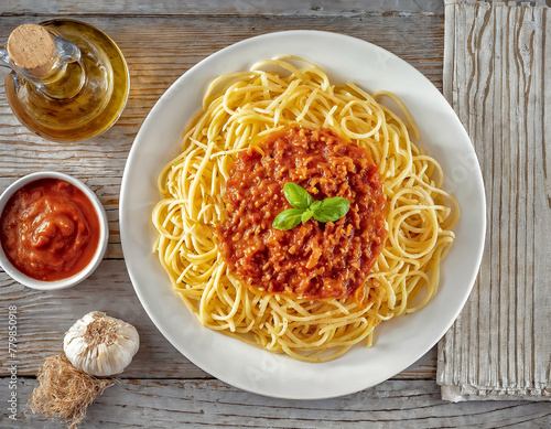 Délicieux plat de spaghettis bolognaise, vue du dessus, huile d'olive, sauce tomate, table en bois
