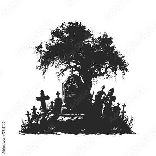 Tomb Stones in Vector Silhouette for Halloween: Gravestone, Headstone, and Tombstone Icons. Christian Cemetery Monuments, Funeral Grave Burial, and Graveyard Tombstones cemetery landscape Creepy 