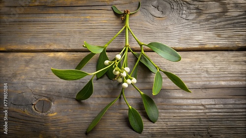 Mistletoe Branch on Rustic Wooden Background: Festive Holiday Decor