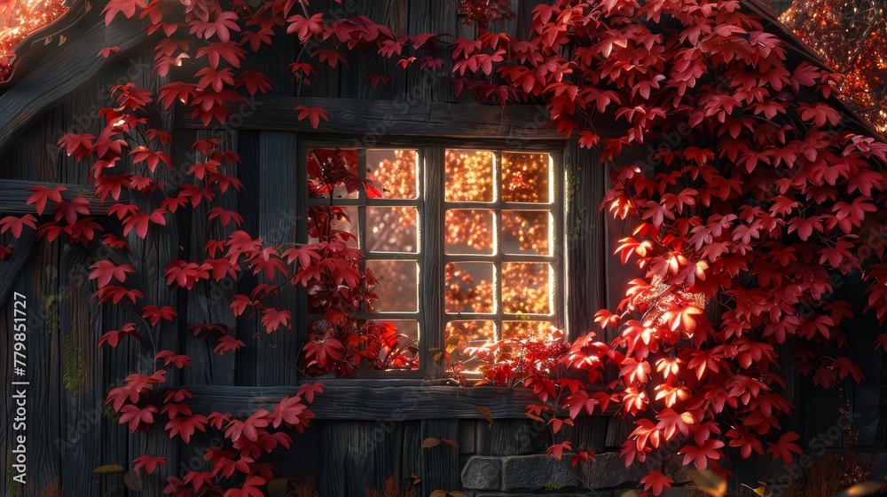 A window displaying numerous red leaves before a multi-windowed building A window displaying numerous red leaves before a multi-windowed building