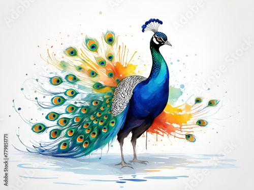 Dancing male peacock, peacock art painting, a peacock opening in a colorful scene.