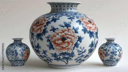   A blue-and-white vase with flowers painted on its sides is accompanied by two smaller vases, similarly adorned
