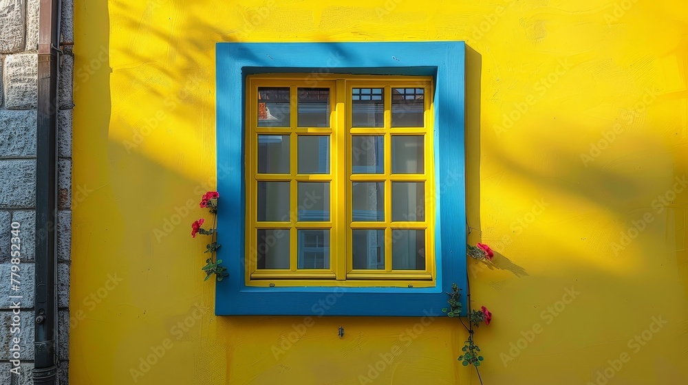   A yellow building, its side adorned with a blue-and-yellow window Red flowers bloom on the window sill