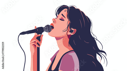 Young beautiful girl sings a song into the microphone.