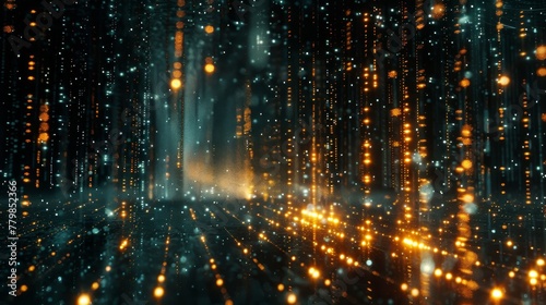 A 3D rendering of a scientific technology binary code matrix conveying connectivity, complexity, and data flood of modern digital technology