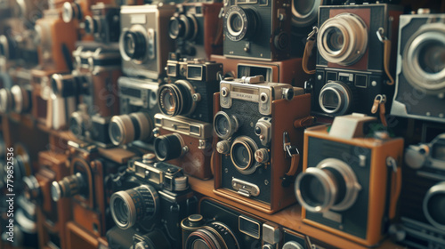 A collection of vintage film cameras, each with its own unique design photo