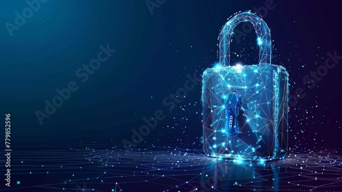 Internet security lock information privacy low polygonal future innovation technology network business concept blue modern illustration of a cyber safety padlock on a data mass.