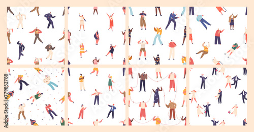 Seamless Patterns or Tiles Set Featuring Diverse Characters. People Connected By A Colorful Thread, Singing Karaoke