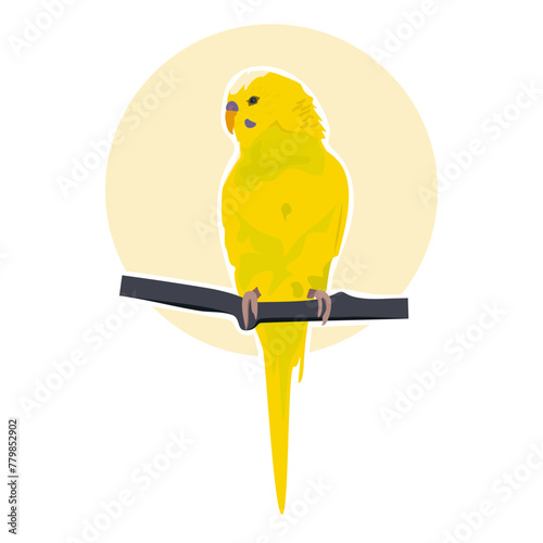 Simple vector image of a lemon yellow budgie sitting on a branch on a beige and white background