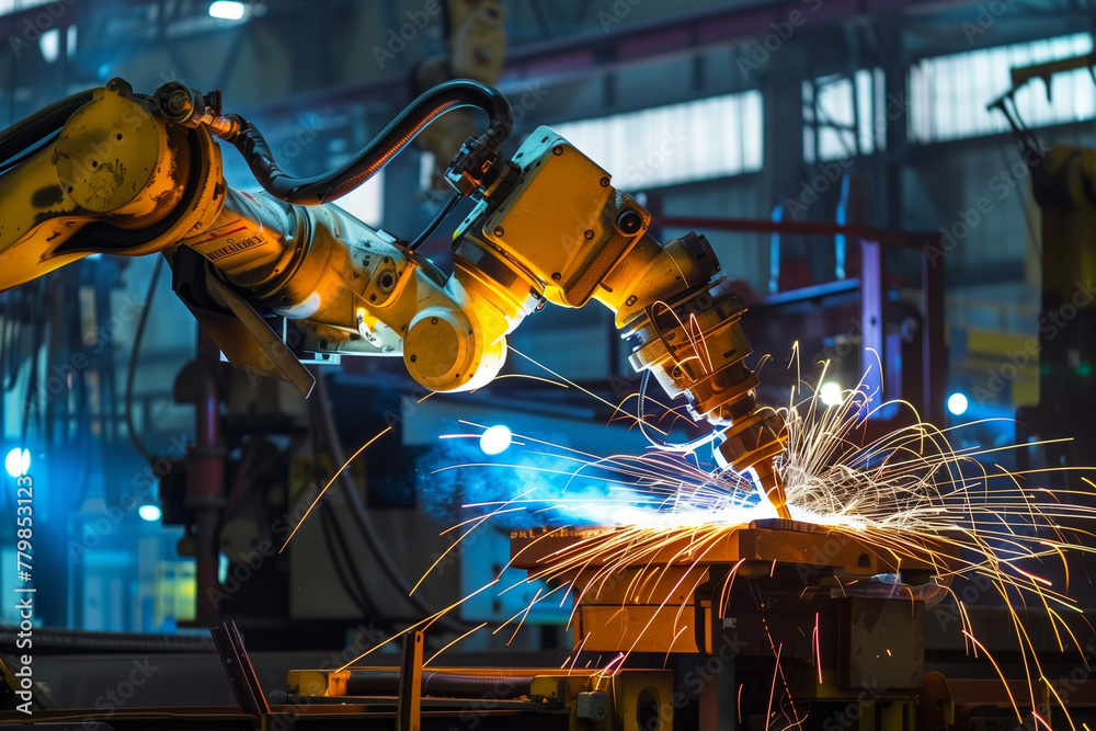 robotic hand machine tool at industrial manufacture factory. welding workflow at the factory robotic hand machine tool at industrial manufacture factory. welding workflow at the factory