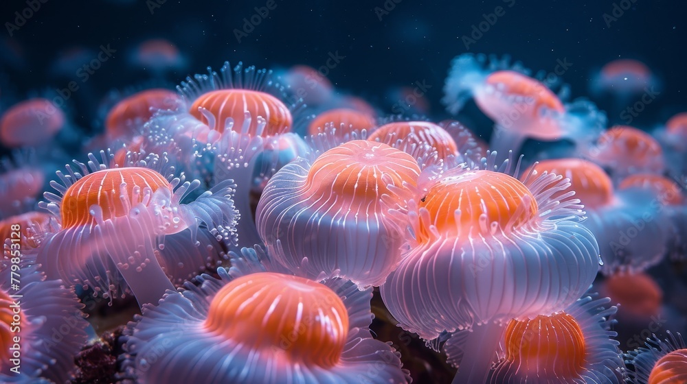 A collection of orange and white sea anemones rest atop a blue seabed, surrounded by bubbling water in the background A collection of orange and white sea anemones rest atop a blue seabed, surrounded by bubbling water in the background