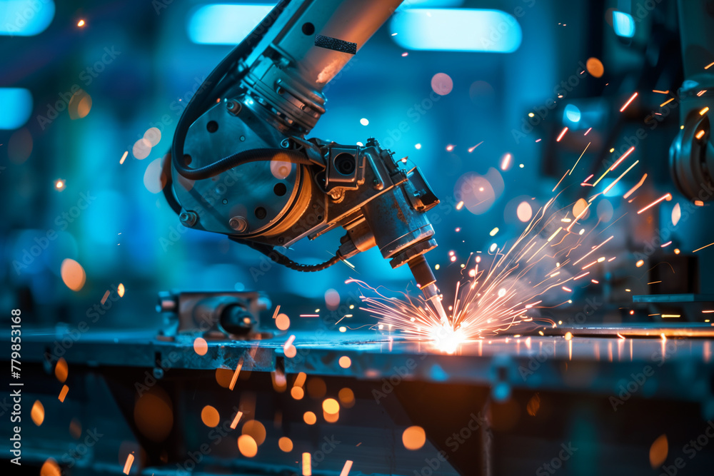 robotic hand machine tool at industrial manufacture factory. welding workflow at the factory robotic hand machine tool at industrial manufacture factory. welding workflow at the factory