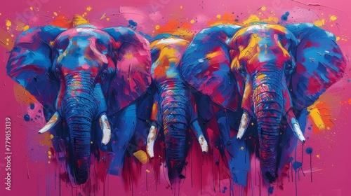   A trio of elephants depicted with vibrant paint splatters adorning their head creases and tusks photo