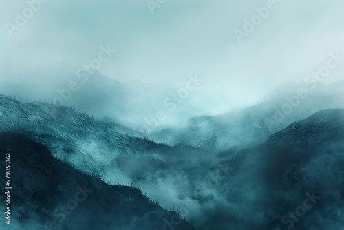 Atmospheric fog rolling over hills, ethereal, panoramic, nature , illustration