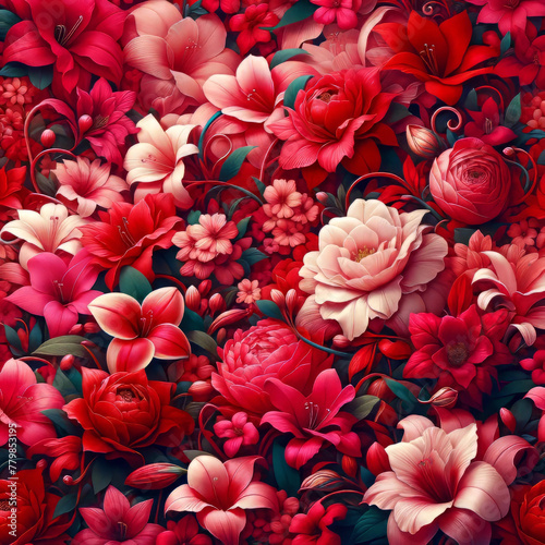 A lush tapestry of red and pink flowers in full bloom.