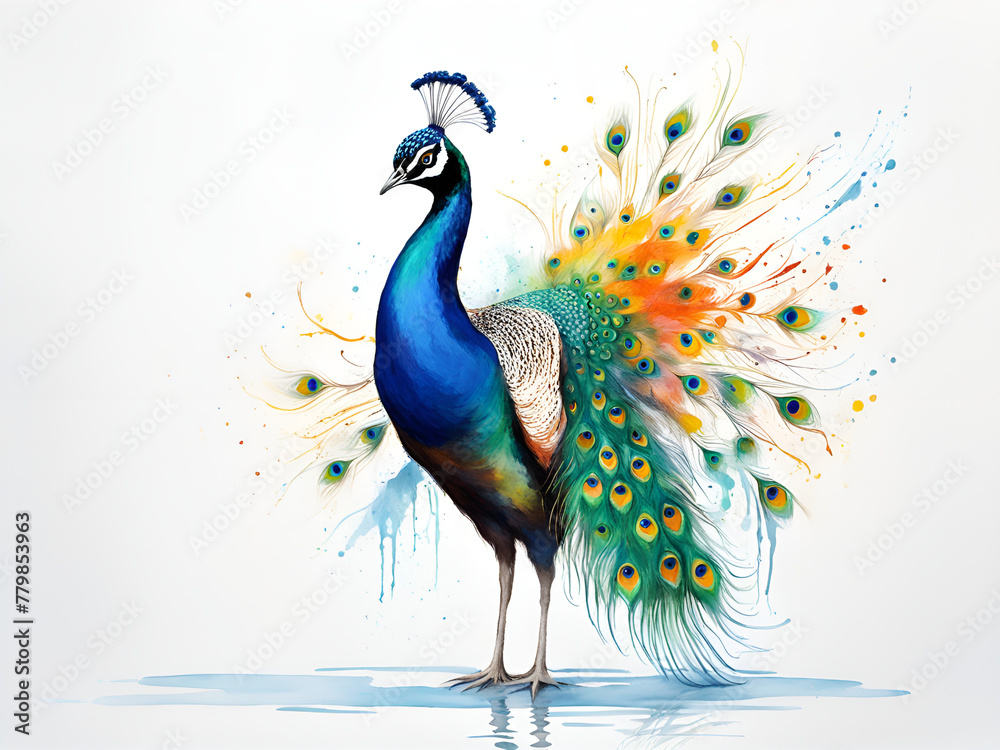Dancing male peacock, peacock art painting, a peacock opening in a colorful scene. Dancing male peacock, peacock art painting, a peacock opening in a colorful scene.