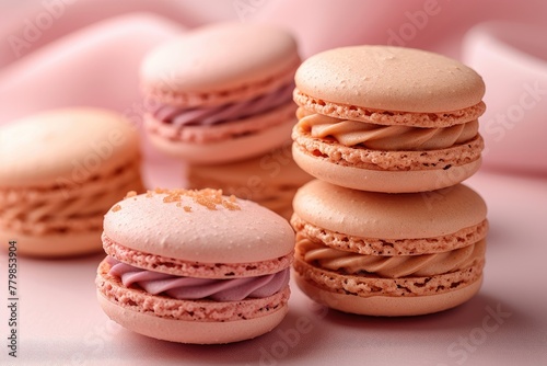 Various colorful macarons or French macaroons in a row in a gift box, sweet meringue-based confection made with egg white, icing sugar, granulated sugar, almond meal, and food coloring, close up