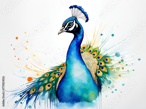 Dancing male peacock, peacock art painting, a peacock opening in a colorful scene. © zhichao