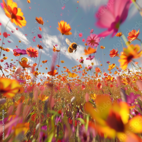 Bee Perspective Flying Through a Field of Wildflowers Under a Clear Blue Sky © eggeeggjiew