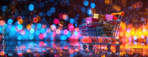 Rendu 3D d'un chariot de supermarché avec des boîtes cadeaux colorées à l'intérieur, sur un fond sombre et lumineux. photo