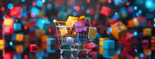 Rendu 3D d'un chariot de supermarché avec des boîtes cadeaux colorées à l'intérieur, sur un fond sombre et lumineux. photo